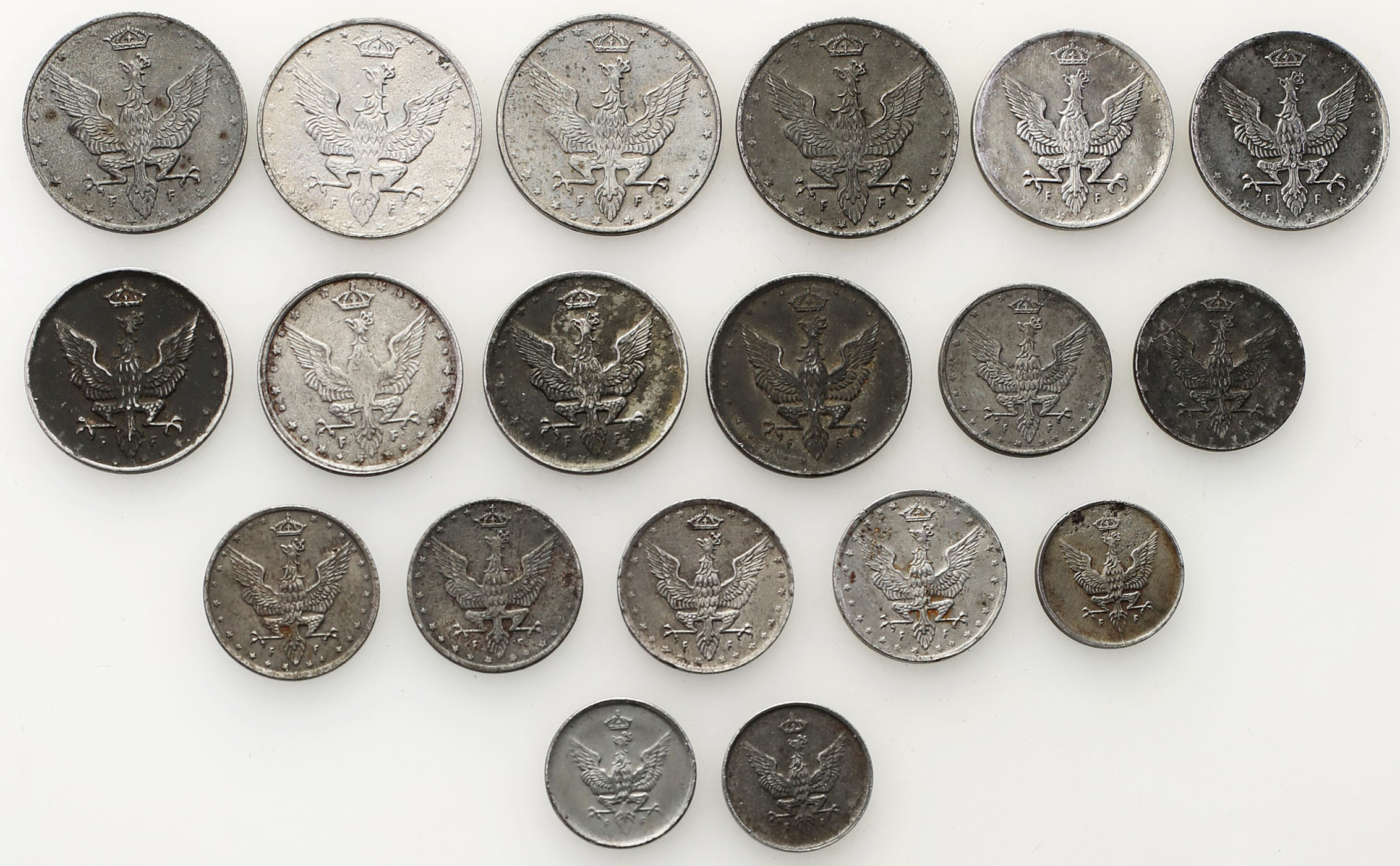 Królestwo Polskie. 1 do 20 fenigów 1917-1918, zestaw 19 monet